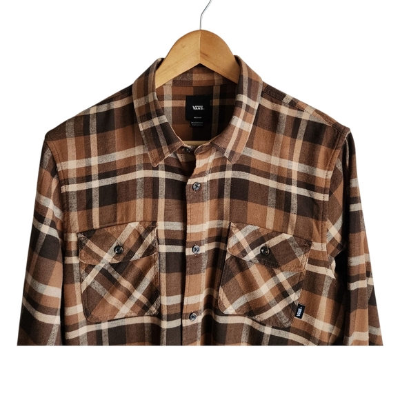 Vans Men Medium Brown Plaid Flannel Button Down Shirt Cotton Blend Tailored Fit - Picture 2 of 7